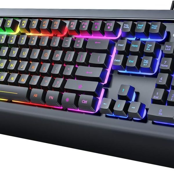 All-Metal Panel Gaming Keyboard with Rainbow Backlighting, Quiet Keys, and Wrist Rest