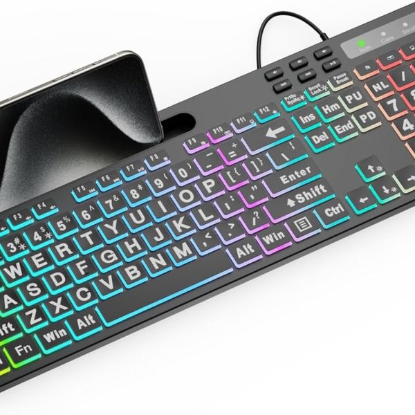 Full-Size Backlit Keyboard with Large-Print Keys, 7 Colors, 11 Modes, Stand, and Quiet Keys