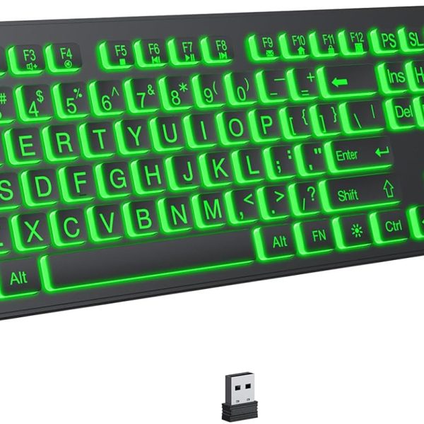 Full-Size Wireless Backlit Keyboard with Large-Print Keys (2.4G, Silent, 7-Color Lighting)