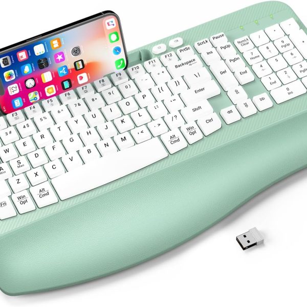 Ergonomic Wireless Keyboard with Cushioned Wrist Rest, Wave-Style Keys, and Phone Holder